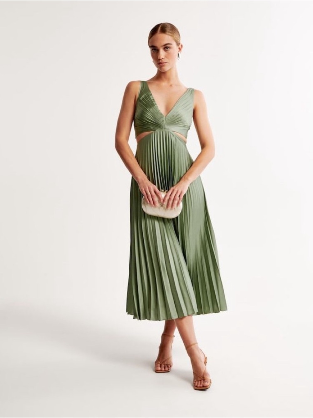 Abercrombie & Fitch Giselle Pleated Cut out Midi Dress in Sage Green